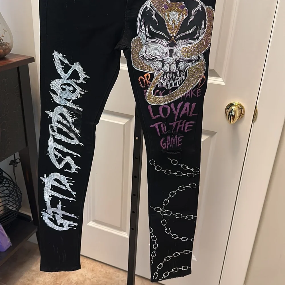 GFTO Los Angeles Elijah Black Denim Embellished / Rhinestone Graffiti Pants NEW
